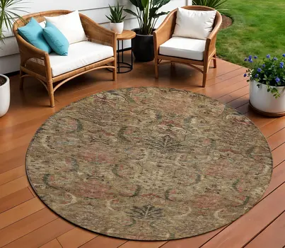 8' Brown Charcoal And Brick Red Round Damask Washable Indoor Outdoor Area Rug