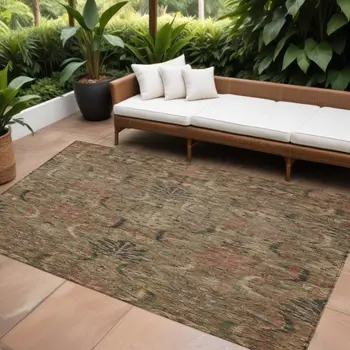 8' X 10' Brown Charcoal And Brick Red Damask Washable Indoor Outdoor Area Rug