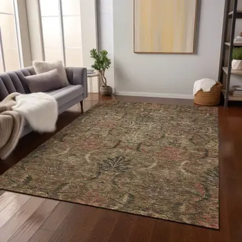 8' X 10' Brown Charcoal And Brick Red Damask Washable Indoor Outdoor Area Rug
