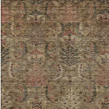 9' X 12' Brown Charcoal And Brick Red Damask Washable Indoor Outdoor Area Rug