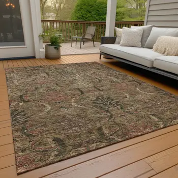 9' X 12' Brown Charcoal And Brick Red Damask Washable Indoor Outdoor Area Rug