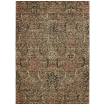10' X 14' Brown Charcoal And Brick Red Damask Washable Indoor Outdoor Area Rug