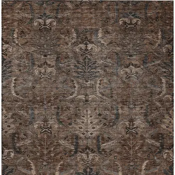3' X 5' Brown Tan And Charcoal Damask Washable Indoor Outdoor Area Rug