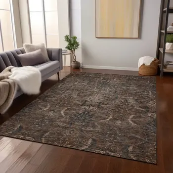 3' X 5' Brown Tan And Charcoal Damask Washable Indoor Outdoor Area Rug