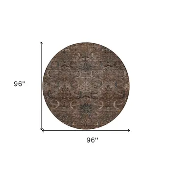 8' Brown Tan And Charcoal Round Damask Washable Indoor Outdoor Area Rug