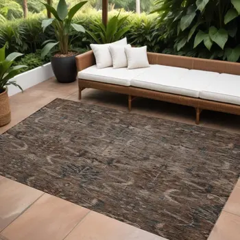 8' X 10' Brown Tan And Charcoal Damask Washable Indoor Outdoor Area Rug