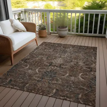 8' X 10' Brown Tan And Charcoal Damask Washable Indoor Outdoor Area Rug