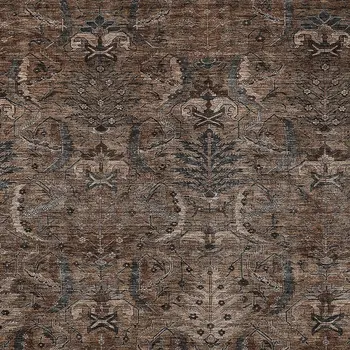 8' X 10' Brown Tan And Charcoal Damask Washable Indoor Outdoor Area Rug
