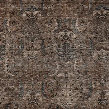 9' X 12' Brown Tan And Charcoal Damask Washable Indoor Outdoor Area Rug