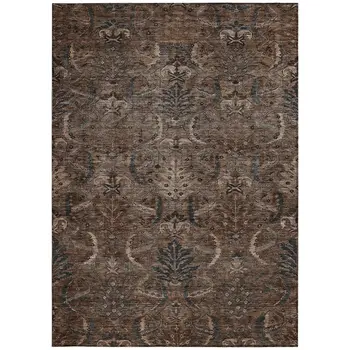 10' X 14' Brown Tan And Charcoal Damask Washable Indoor Outdoor Area Rug