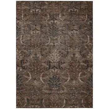 10' X 14' Brown Tan And Charcoal Damask Washable Indoor Outdoor Area Rug