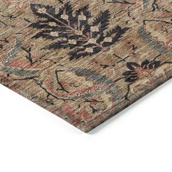 3' X 5' Khaki Terra Cotta And Black Damask Washable Indoor Outdoor Area Rug