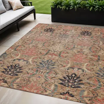 5' X 8' Khaki Terra Cotta And Black Damask Washable Indoor Outdoor Area Rug