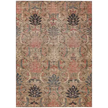 5' X 8' Khaki Terra Cotta And Black Damask Washable Indoor Outdoor Area Rug