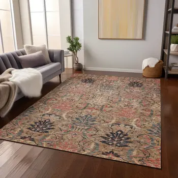 5' X 8' Khaki Terra Cotta And Black Damask Washable Indoor Outdoor Area Rug