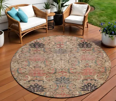 8' Khaki Terra Cotta And Black Round Damask Washable Indoor Outdoor Area Rug