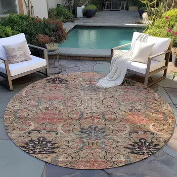 8' Khaki Terra Cotta And Black Round Damask Washable Indoor Outdoor Area Rug