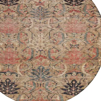 8' Khaki Terra Cotta And Black Round Damask Washable Indoor Outdoor Area Rug