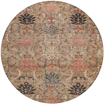 8' Khaki Terra Cotta And Black Round Damask Washable Indoor Outdoor Area Rug