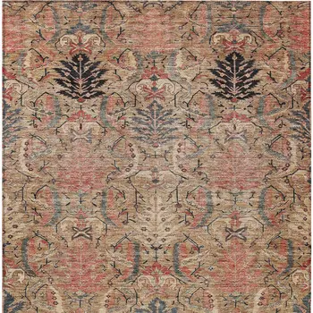 8' X 10' Khaki Terra Cotta And Black Damask Washable Indoor Outdoor Area Rug