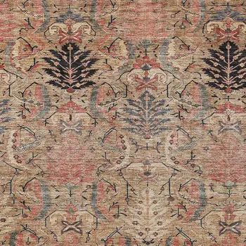 8' X 10' Khaki Terra Cotta And Black Damask Washable Indoor Outdoor Area Rug