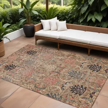 10' X 14' Khaki Terra Cotta And Black Damask Washable Indoor Outdoor Area Rug
