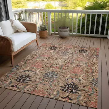10' X 14' Khaki Terra Cotta And Black Damask Washable Indoor Outdoor Area Rug