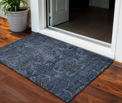 3' X 5' Navy Blue And Charcoal Damask Washable Indoor Outdoor Area Rug