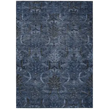 5' X 8' Navy Blue And Charcoal Damask Washable Indoor Outdoor Area Rug