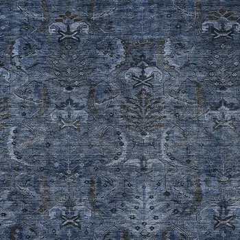 5' X 8' Navy Blue And Charcoal Damask Washable Indoor Outdoor Area Rug