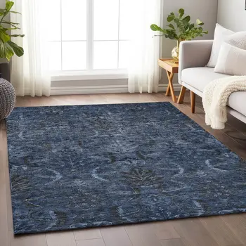 5' X 8' Navy Blue And Charcoal Damask Washable Indoor Outdoor Area Rug
