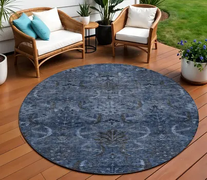 8' Navy Blue And Charcoal Round Damask Washable Indoor Outdoor Area Rug