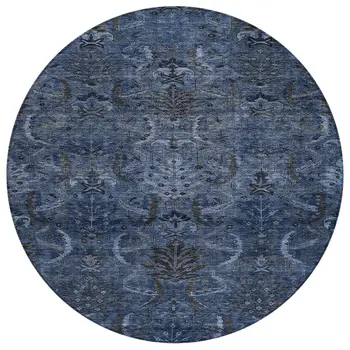 8' Navy Blue And Charcoal Round Damask Washable Indoor Outdoor Area Rug