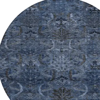 8' Navy Blue And Charcoal Round Damask Washable Indoor Outdoor Area Rug