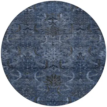 8' Navy Blue And Charcoal Round Damask Washable Indoor Outdoor Area Rug