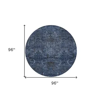 8' Navy Blue And Charcoal Round Damask Washable Indoor Outdoor Area Rug