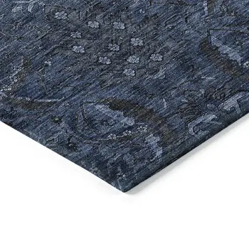 8' X 10' Navy Blue And Charcoal Damask Washable Indoor Outdoor Area Rug