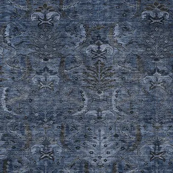 9' X 12' Navy Blue And Charcoal Damask Washable Indoor Outdoor Area Rug