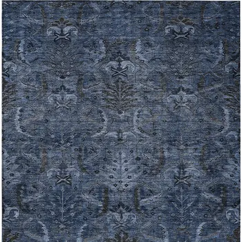 10' X 14' Navy Blue And Charcoal Damask Washable Indoor Outdoor Area Rug