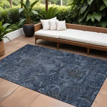 10' X 14' Navy Blue And Charcoal Damask Washable Indoor Outdoor Area Rug