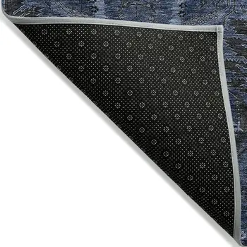 10' X 14' Navy Blue And Charcoal Damask Washable Indoor Outdoor Area Rug