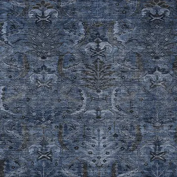 10' X 14' Navy Blue And Charcoal Damask Washable Indoor Outdoor Area Rug