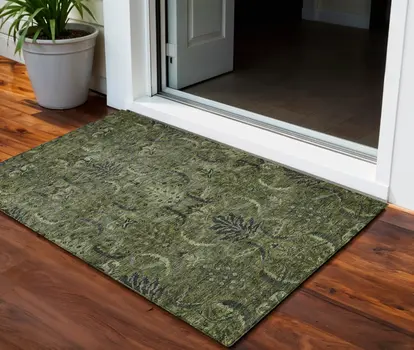 3' X 5' Olive Green And Charcoal Damask Washable Indoor Outdoor Area Rug