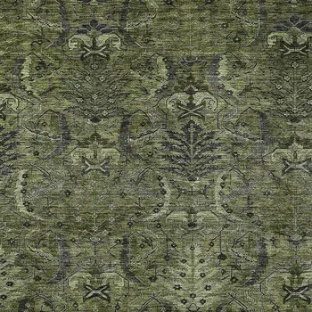 3' X 5' Olive Green And Charcoal Damask Washable Indoor Outdoor Area Rug