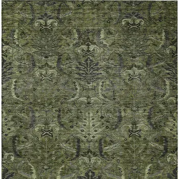 5' X 8' Olive Green And Charcoal Damask Washable Indoor Outdoor Area Rug