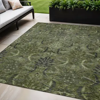 5' X 8' Olive Green And Charcoal Damask Washable Indoor Outdoor Area Rug