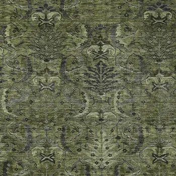 5' X 8' Olive Green And Charcoal Damask Washable Indoor Outdoor Area Rug
