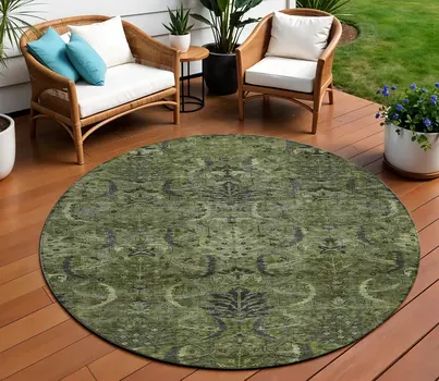 8' Olive Green And Charcoal Round Damask Washable Indoor Outdoor Area Rug