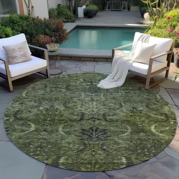 8' Olive Green And Charcoal Round Damask Washable Indoor Outdoor Area Rug