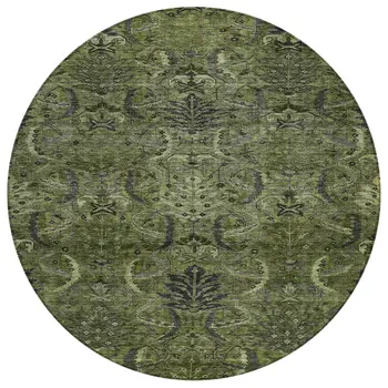 8' Olive Green And Charcoal Round Damask Washable Indoor Outdoor Area Rug